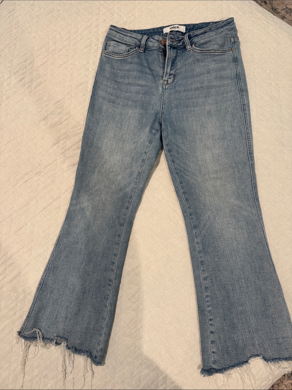 Mica - Denim Flare Jeans with Raw Hem in Light Blue crop